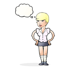 cartoon woman with hands on hips with thought bubble