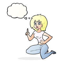 cartoon sitting woman with idea with thought bubble
