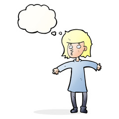 cartoon nervous woman with thought bubble