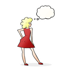 cartoon woman posing in dress with thought bubble