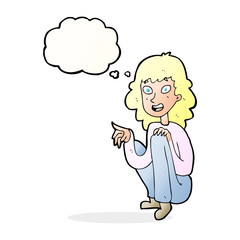 cartoon happy woman sitting and pointing with thought bubble