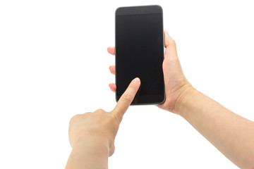 Hand holding smartphone isolated on white