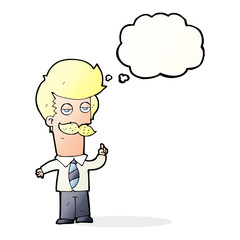 cartoon mna with mustache explaining with thought bubble