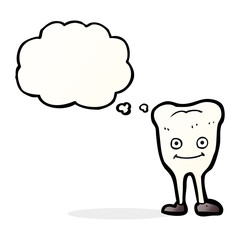 cartoon happy tooth with thought bubble