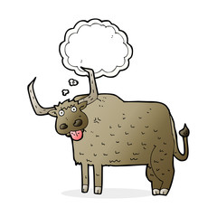 cartoon hairy cow with thought bubble