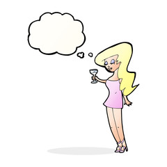 cartoon woman at party with thought bubble