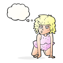 cartoon woman doing pin-up pose with thought bubble