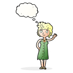 cartoon hippie woman waving with thought bubble