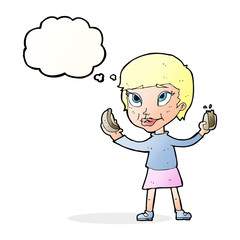 cartoon woman eating hotdogs with thought bubble