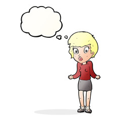 cartoon woman shrugging shoulders with thought bubble