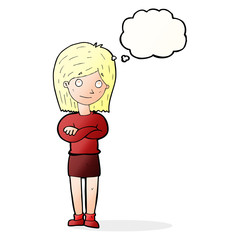 cartoon friendly girl rolling eyes with thought bubble