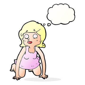 cartoon woman on all fours with thought bubble