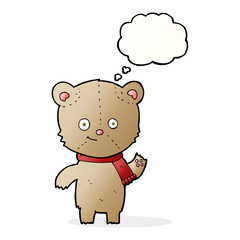 cartoon teddy bear waving with thought bubble