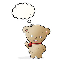cartoon teddy bear waving with thought bubble