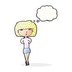 cartoon shy woman with thought bubble