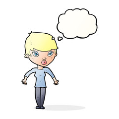 cartoon woman shrugging shoulders with thought bubble