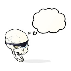 cartoon spooky skull with eye patch with thought bubble