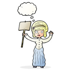 cartoon vicorian woman protesting with thought bubble