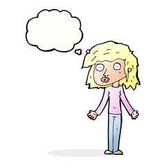 cartoon girl shrugging shoulders with thought bubble