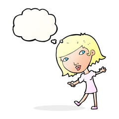 cartoon happy girl gesturing to follow with thought bubble