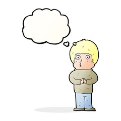cartoon shy boy with thought bubble