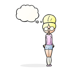 cartoon librarian woman with thought bubble