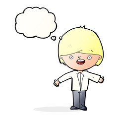 cartoon happy boy with open arms with thought bubble