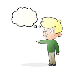 Fototapeta premium cartoon pointing boy with thought bubble