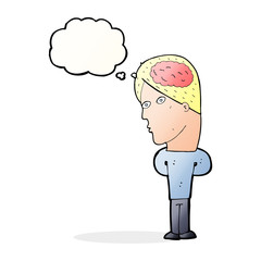 cartoon man with big brain with thought bubble