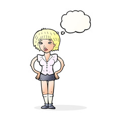 cartoon woman with hands on hips with thought bubble