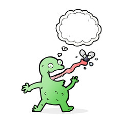 cartoon frog catching fly with thought bubble