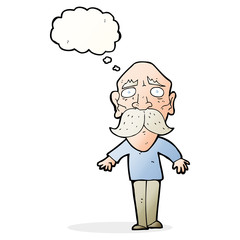 cartoon sad old man with thought bubble