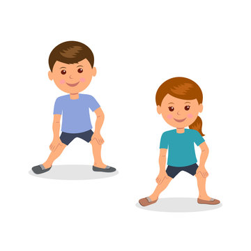 Kids yoga. Boy and girl standing perform gymnastic exercises. 