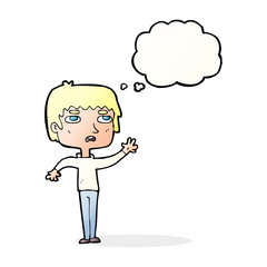 cartoon unhappy boy waving with thought bubble
