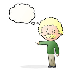 cartoon man with mustache pointing with thought bubble