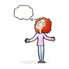cartoon curious woman looking upwards with thought bubble