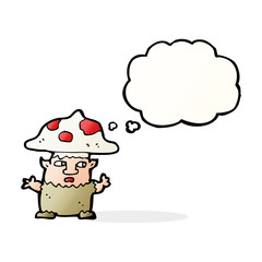cartoon little mushroom man with thought bubble