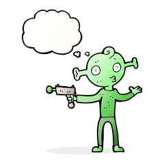 cartoon alien with ray gun with thought bubble