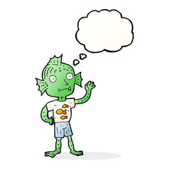 cartoon waving fish boy with thought bubble