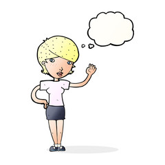 cartoon woman waving with thought bubble