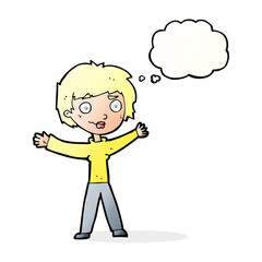 cartoon woman waving arms with thought bubble