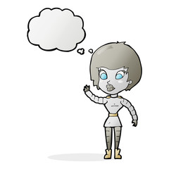 cartoon robot woman waving with thought bubble