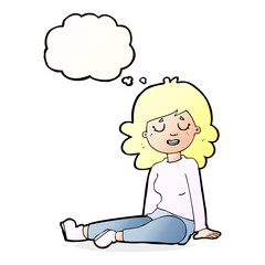 cartoon happy woman sitting on floor with thought bubble