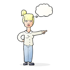 cartoon woman pointing with thought bubble