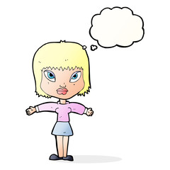cartoon woman with outstretched arms with thought bubble