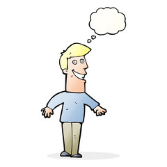 cartoon grinning man with thought bubble