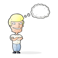 cartoon grinning man with thought bubble