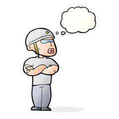 cartoon security guard with thought bubble