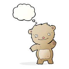 cartoon waving teddy bear with thought bubble