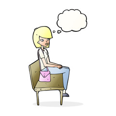cartoon woman sitting on bench with thought bubble